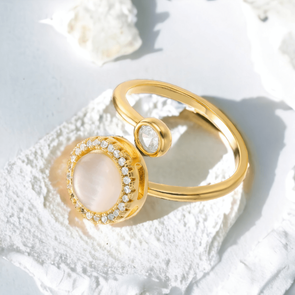 Opal fidget rings adjustable silver and gold on white background