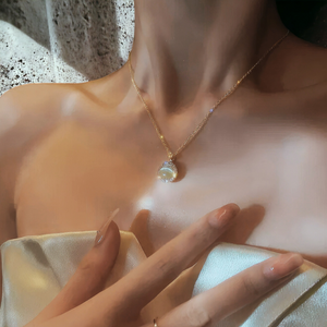 Woman in a white satin dress wearing an opal fidget necklace