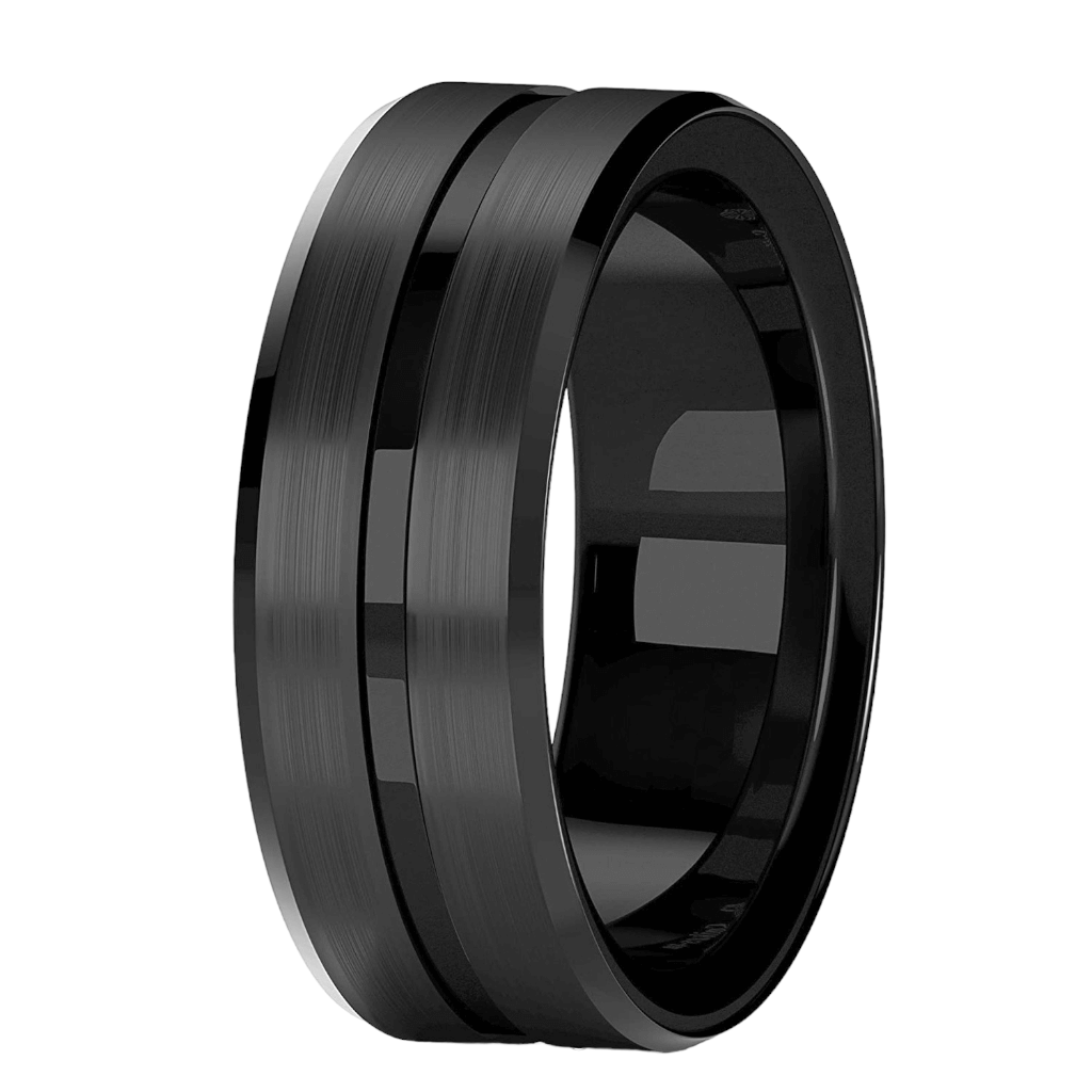 Black titanium ring on white background
