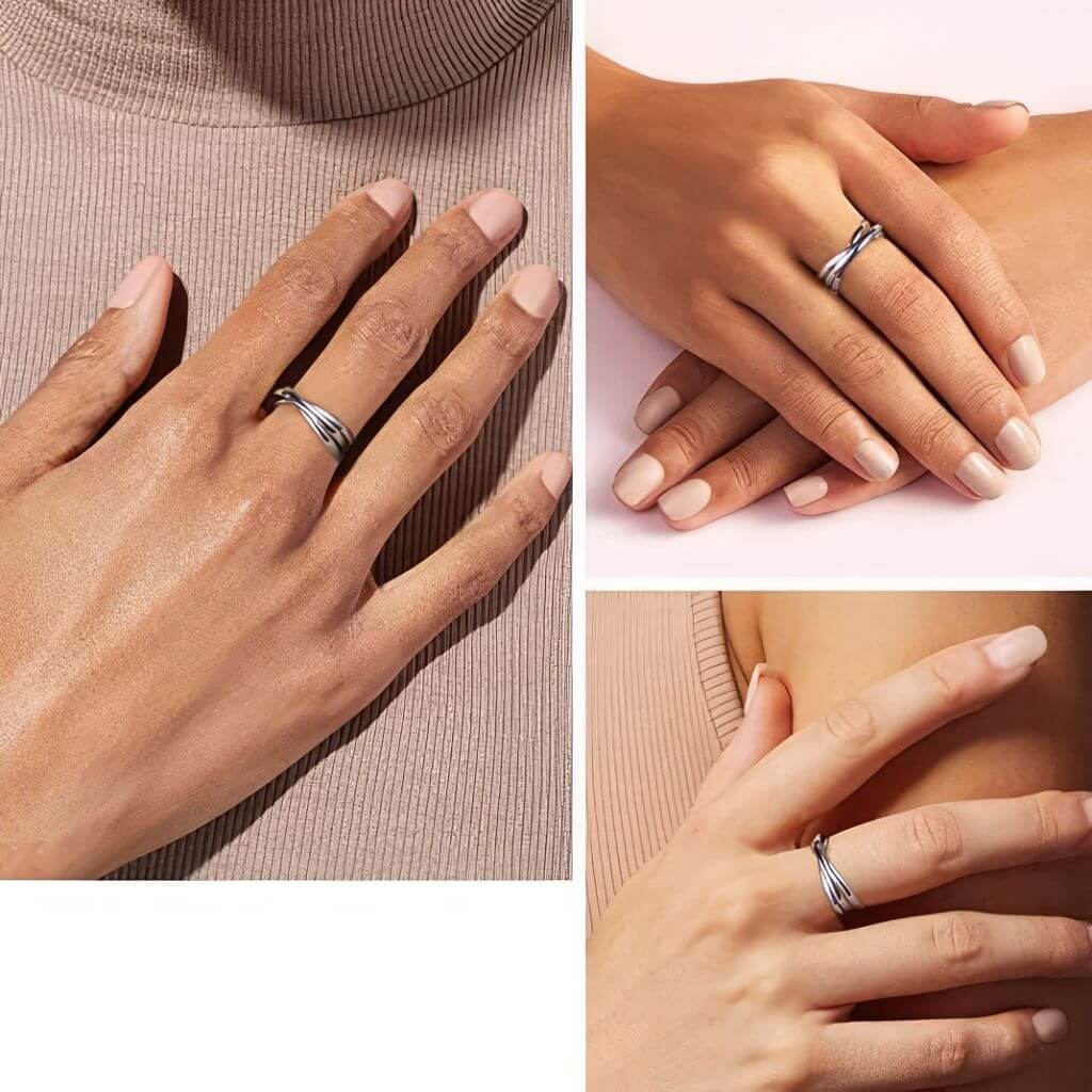 Collage of hands wearing a silver interlocking ring on different backgrounds