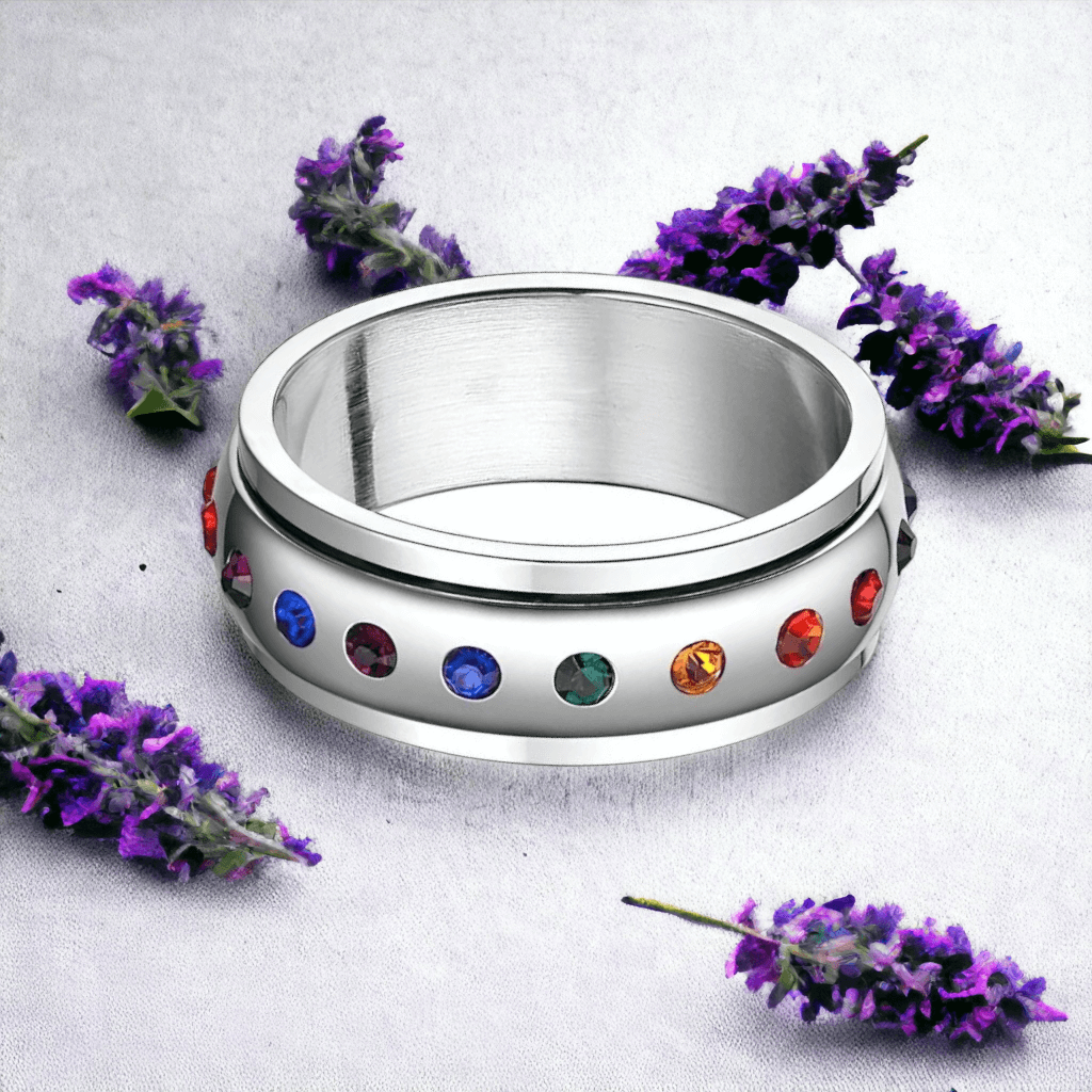 Whoiy Custom Engraved Multicolor Anxiety Spinner Ring – 3mm Stainless Steel Polished Band For Women
