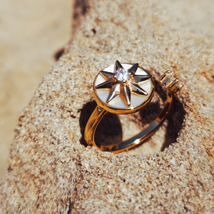 Eight pointed star gold fidget ring on a stone