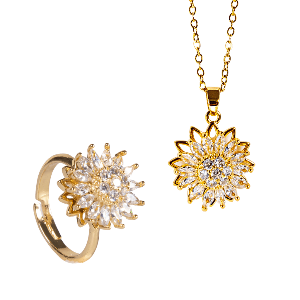 Fidget jewellery for adults sunflower ring and necklace set on white background