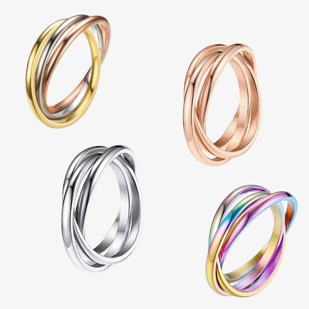 Four rings in different colors on a white background