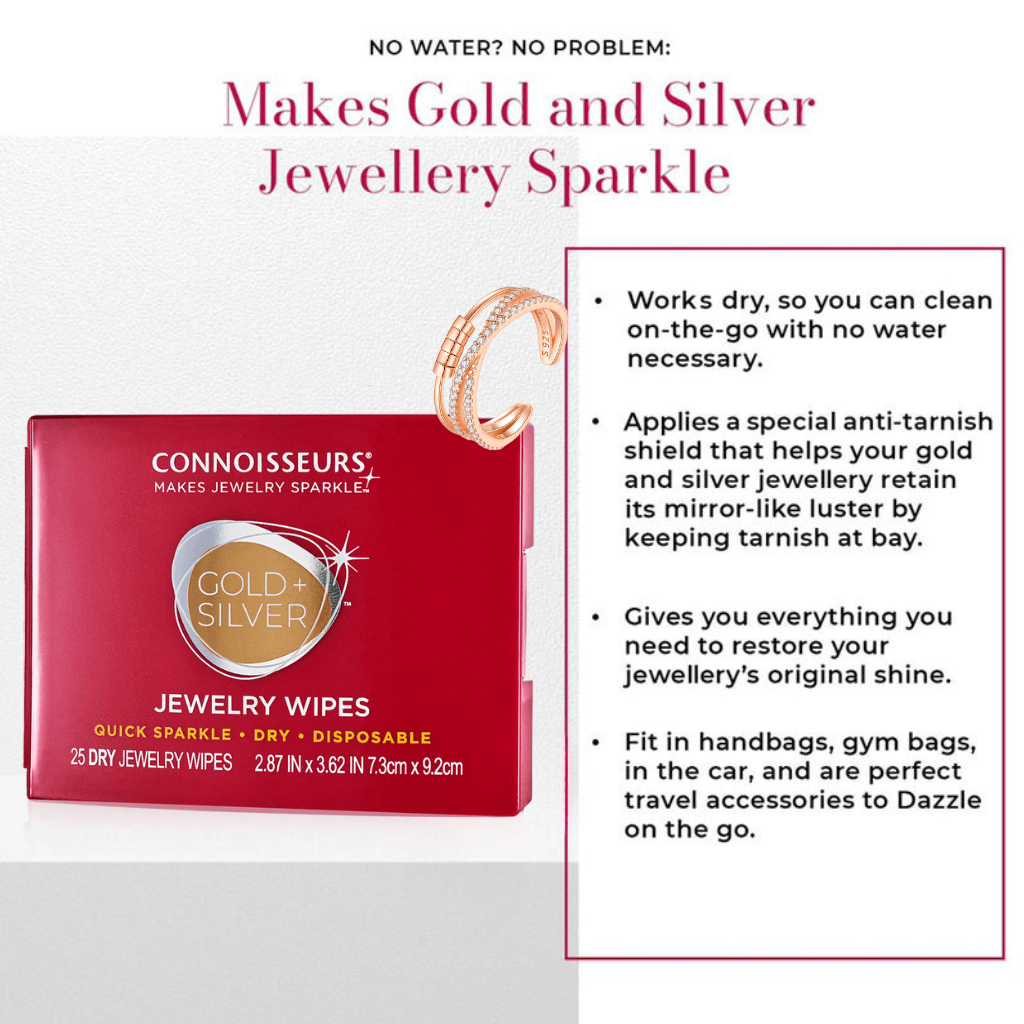 Jewelry Cleaning Wipes by Connoisseurs info graphic with product features