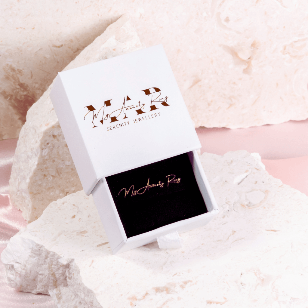 My Anxiety Ring white jewellery box small on stone props