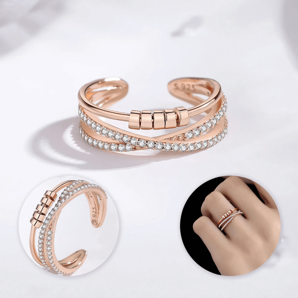 Photo collage with three pictures of a cubic zirconia cross over calming ring