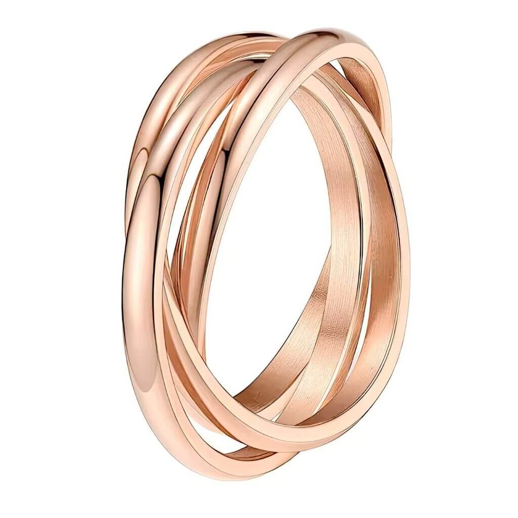Rose gold ring with three interlocking bands on a white background