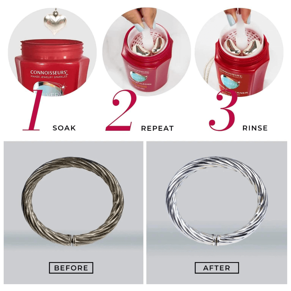 Silver jewellery cleaner by Connoisseurs info graphic on white background