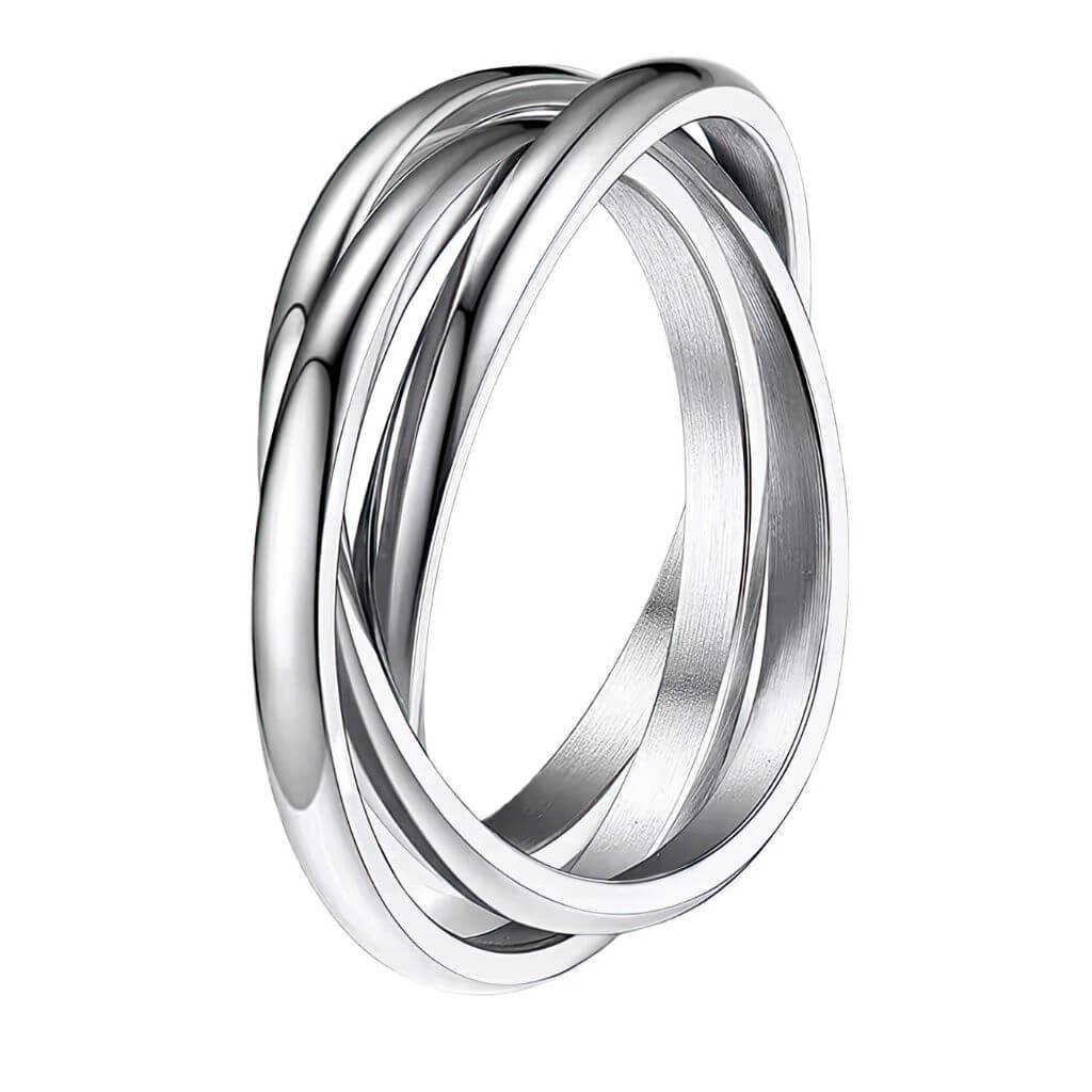 Silver ring with interlocking bands on a white background