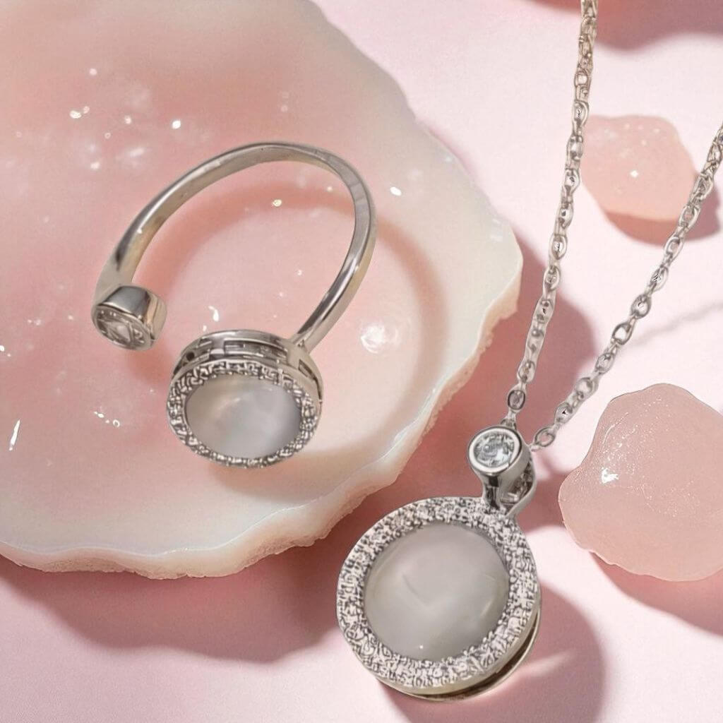 Jewelry set with a necklace and ring featuring round gemstones and rose gold accents on a white background.