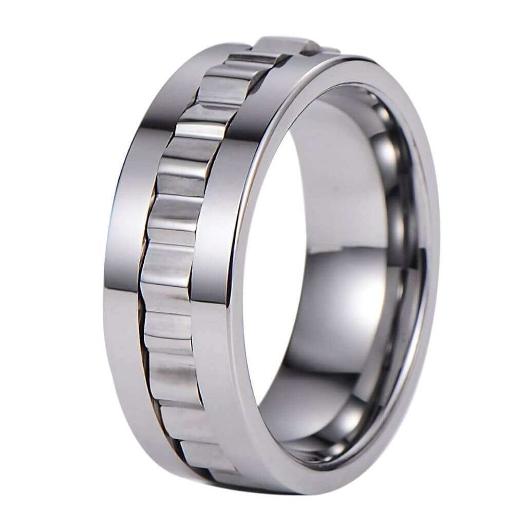 Silver tungsten gear ring that spins on white background