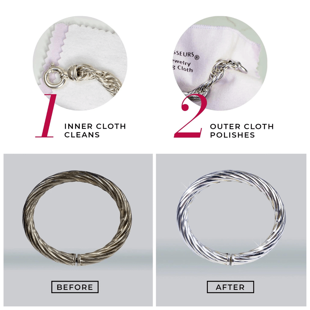 UltraSoft silver jewellery polishing cloth by Connoisseurs collage of four photos