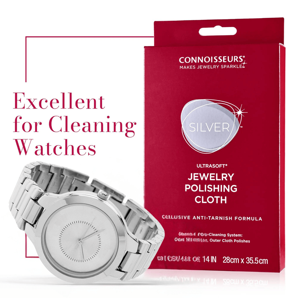 UltraSoft silver jewellery polishing cloth by Connoisseurs next to a silver watch