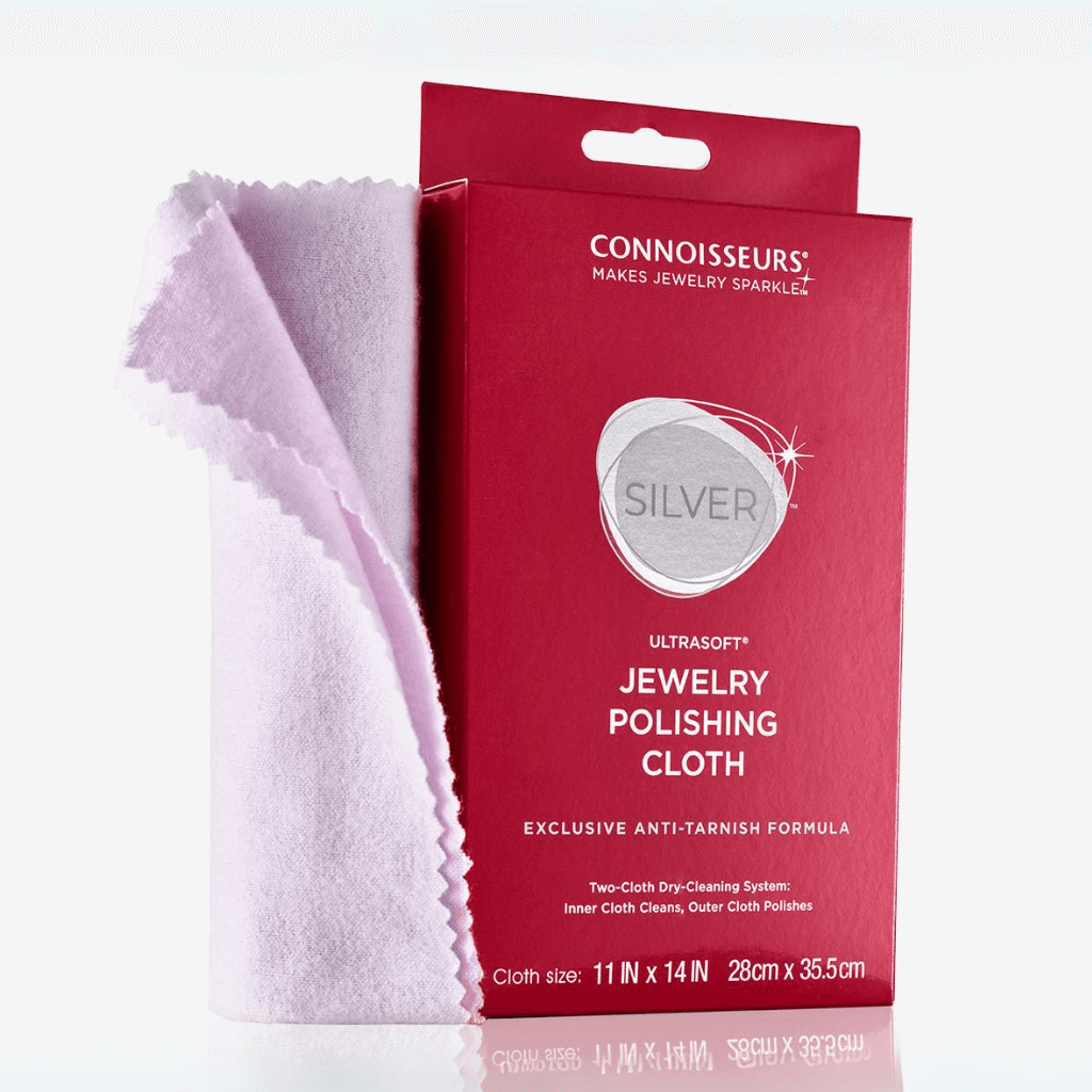 UltraSoft silver jewelry polishing cloth and box by Connoisseurs on white background