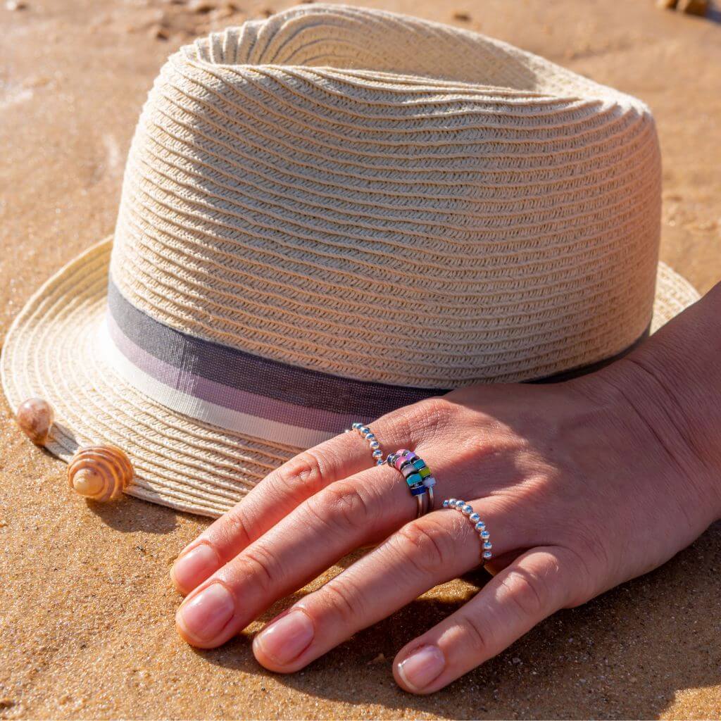 Serenity set bundle of 3 silver fidget rings for anxiety on white background