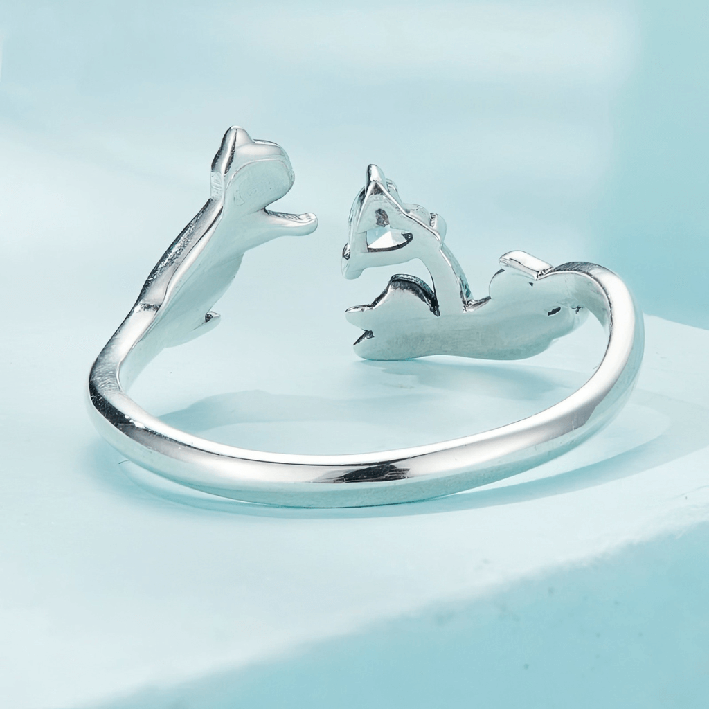adjustable sterling silver kitten cat ring with heart shaped cubic zirconia open band design