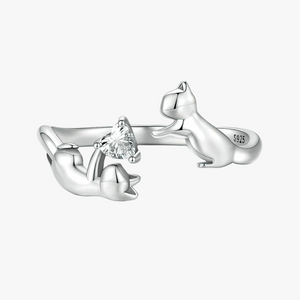 s925 sterling silver cat ring with heart shaped cubic zirconia adjustable kitten ring