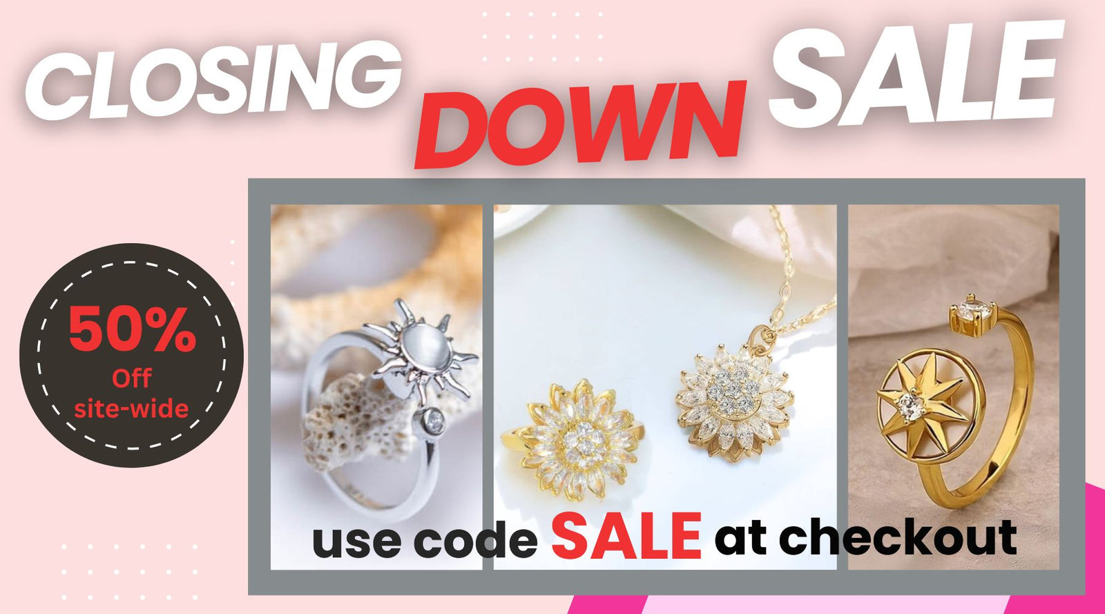 My Anxiety Ring closing down sale — 50% off storewide with code SALE, featuring gold and silver fidget rings, a pendant necklace, and rings on display