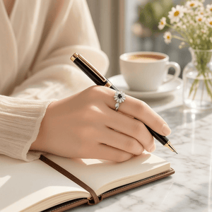 Woman wearing silver daisy spinner fidget ring while writing in journal at marble table with coffee