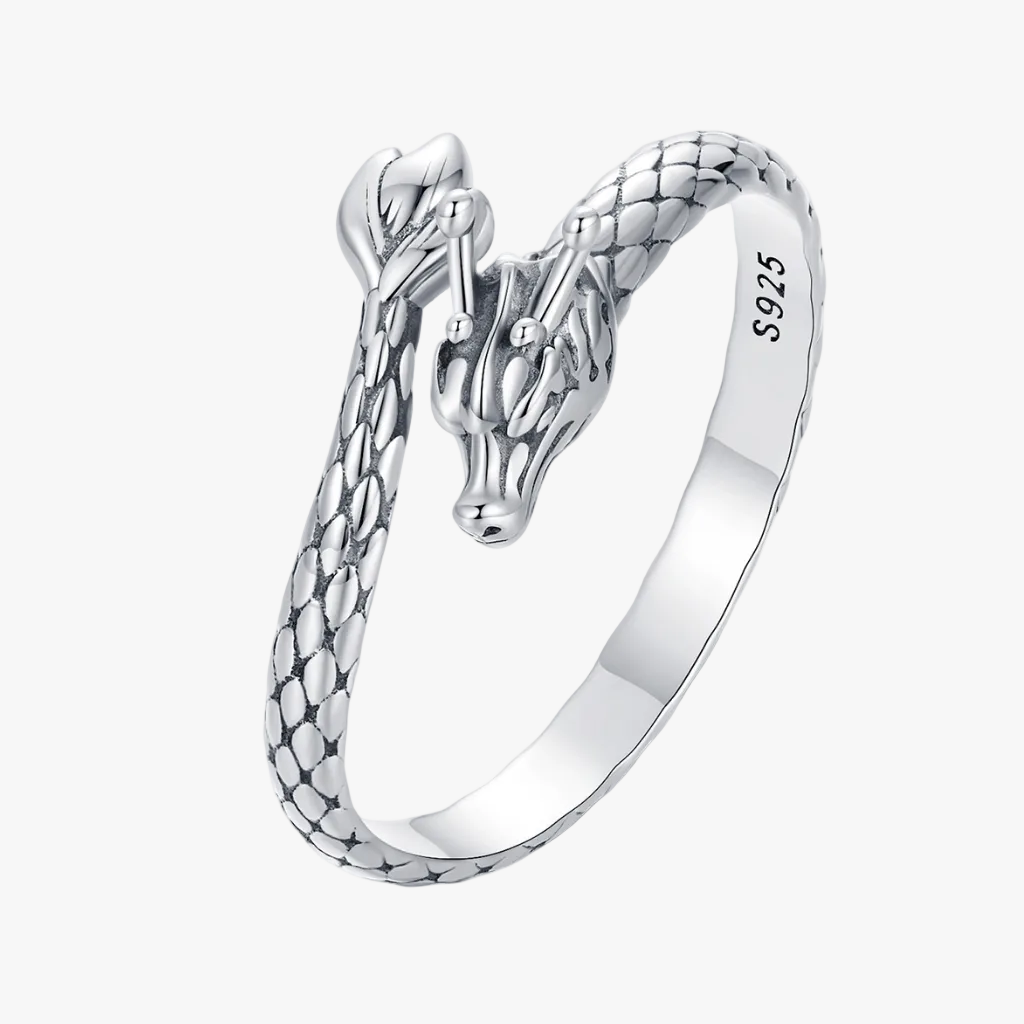 925 sterling silver dragon ring with detailed head and textured scales adjustable anxiety fidget ring