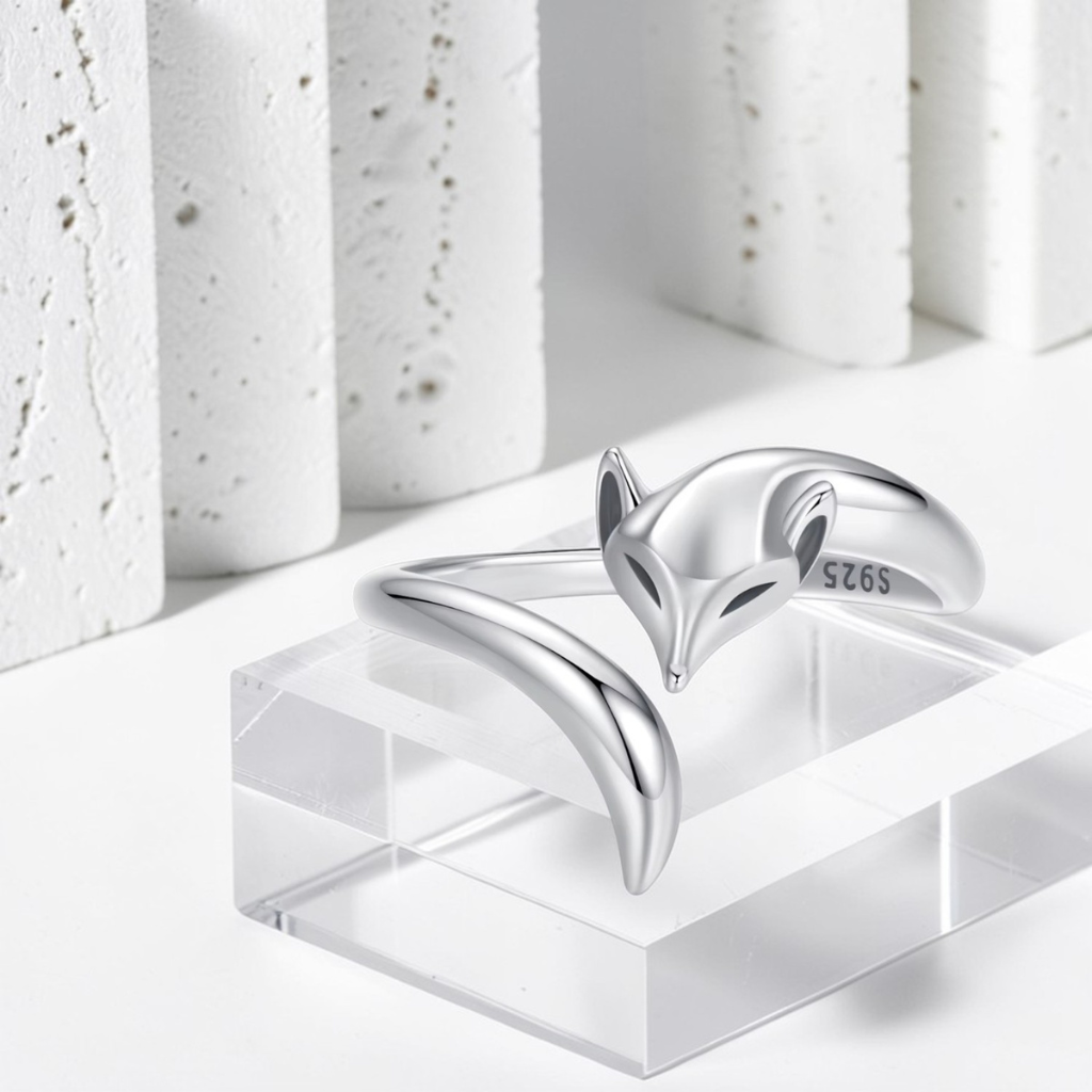 925 sterling silver fox anxiety ring adjustable open ring displayed on acrylic block