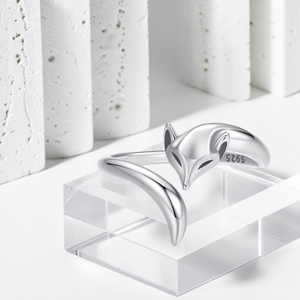 925 sterling silver fox anxiety ring adjustable open ring displayed on acrylic block
