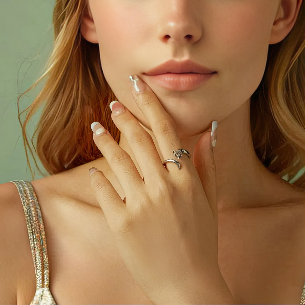 Woman wearing adjustable sterling silver fox anxiety ring