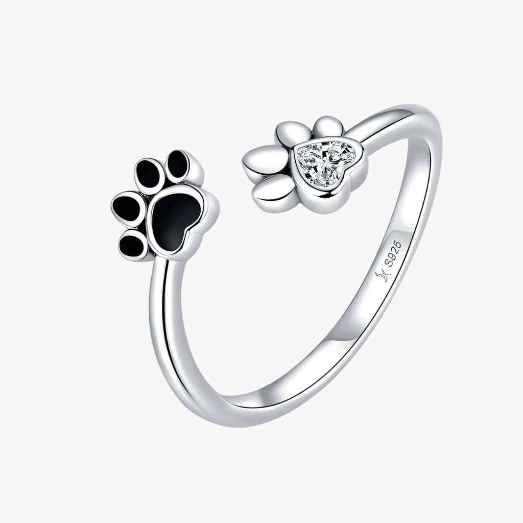 sterling silver paw print anxiety ring with black enamel paw and heart cubic zirconia dog ring jewelry