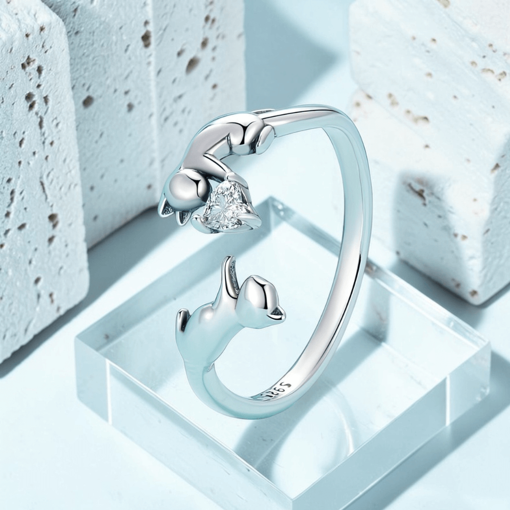 sterling silver cat ring with two kittens and heart shaped cubic zirconia adjustable kitten ring
