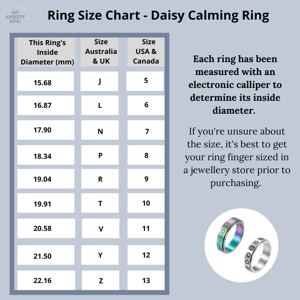 Australia ring size chart for stainless steel anxiety daisy ring