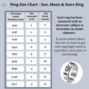 Australian ring size chart for stainless steel sun moon and stars spinner rings