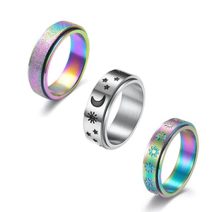 Calming classics bundle of 3 rainbow and silver fidget rings on white background