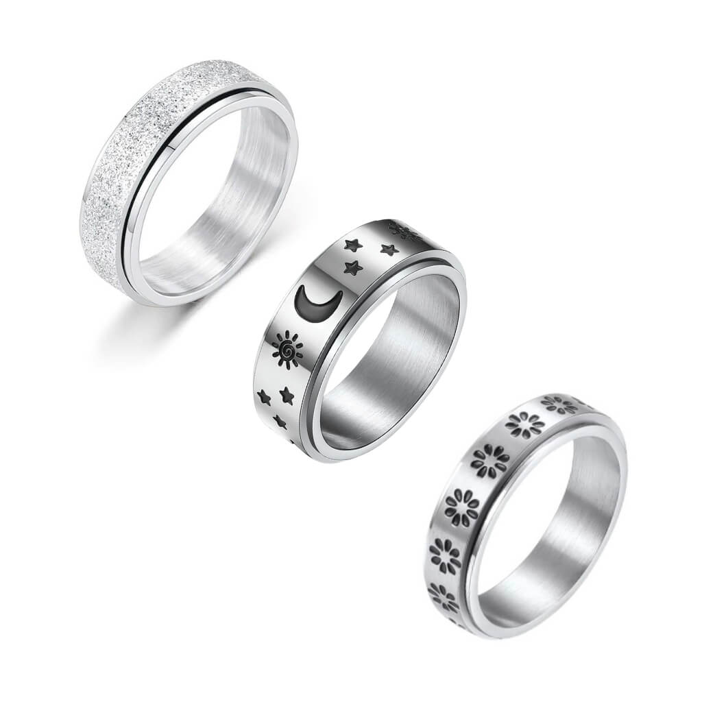 Calming classics bundle of 3 stainless steel band fidgeting rings on white background