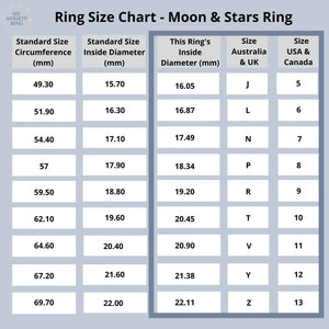 Moon and stars ring size chart