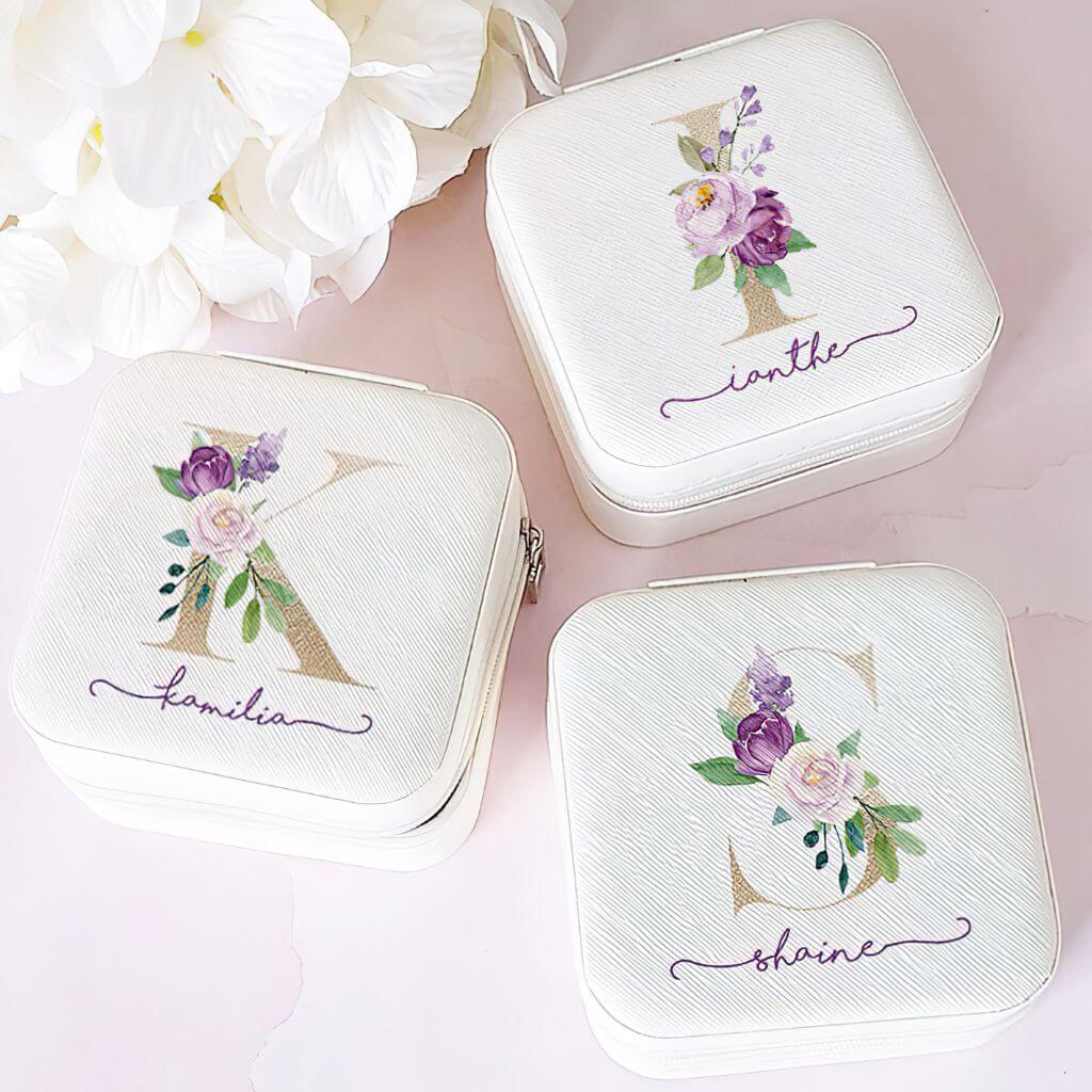 Personalised gifts for bridesmaids white and pink jewellery boxes