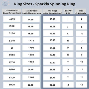 Ring size chart sparkly spinning ring