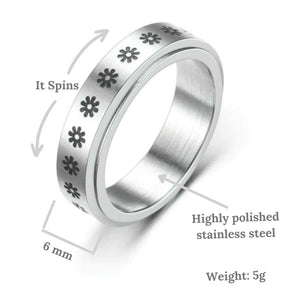 Stainless steel daisy ring with product dimensions