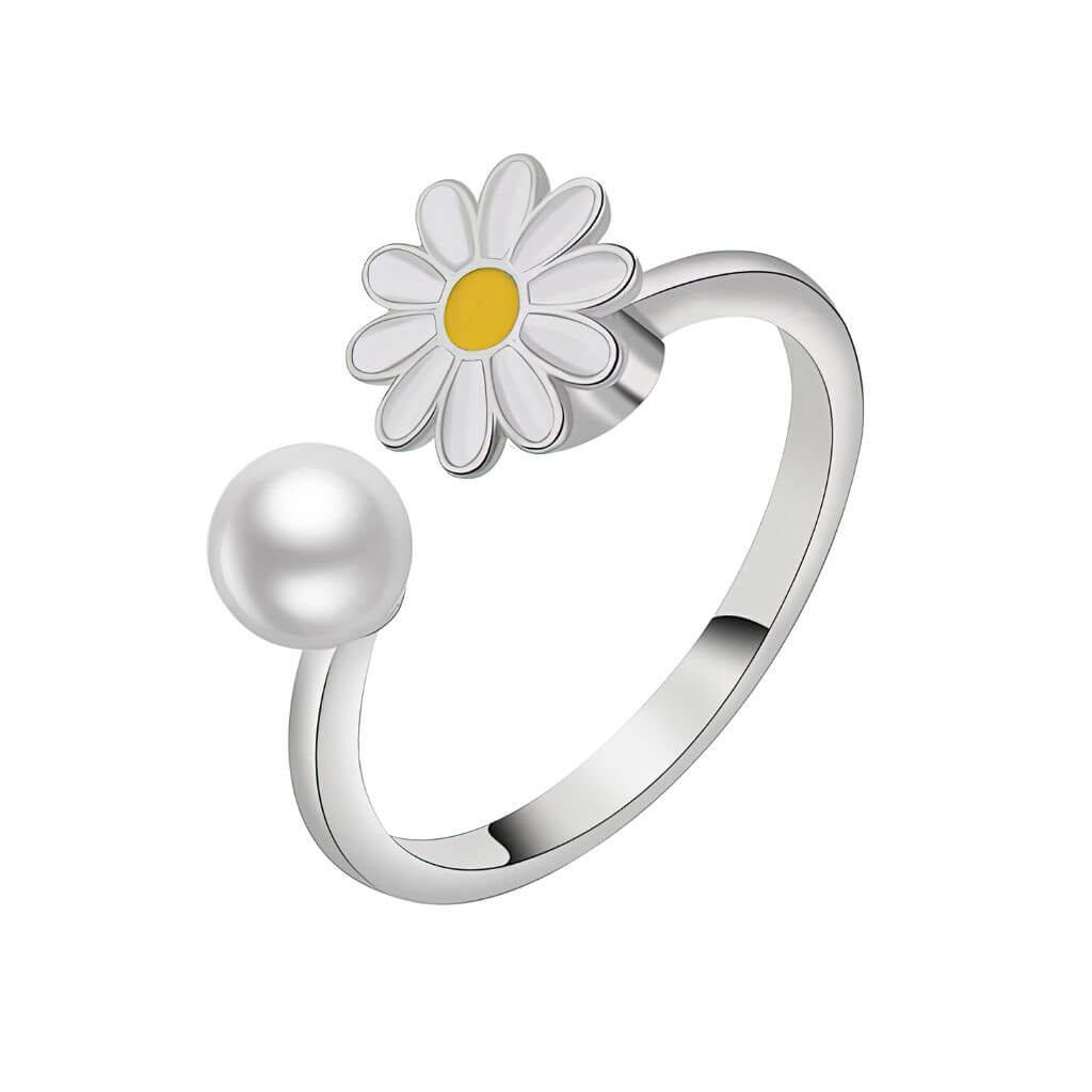 Sterling silver flower anxiety ring adjustable on white background