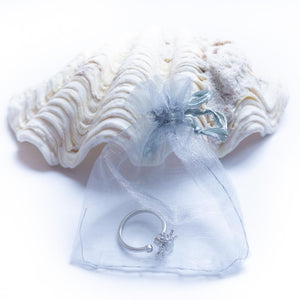 Sun fidget ring Aus in an organza bag near a white shell