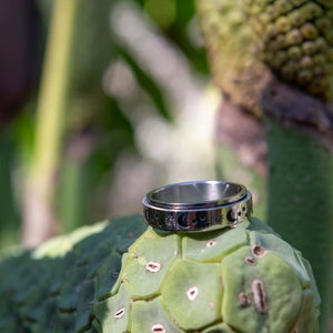 Sun, moon and stars anti stress ring on a green flower bud