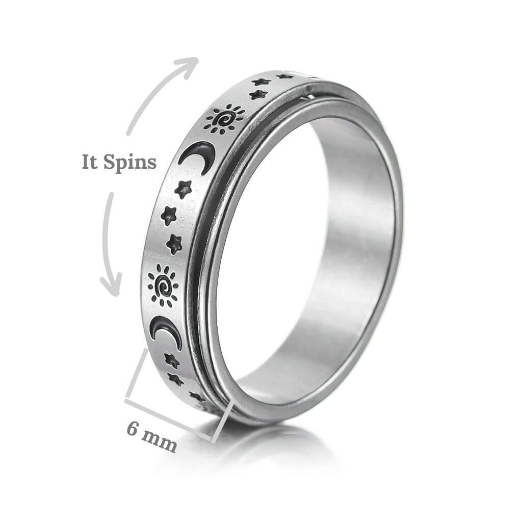 Ring for Fidgeting Sun, Moon and Stars, Stainless Steel - My Anxiety Ring