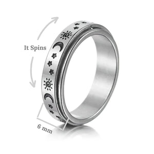 Sun, moon and stars band spinning ring dimensions on white background
