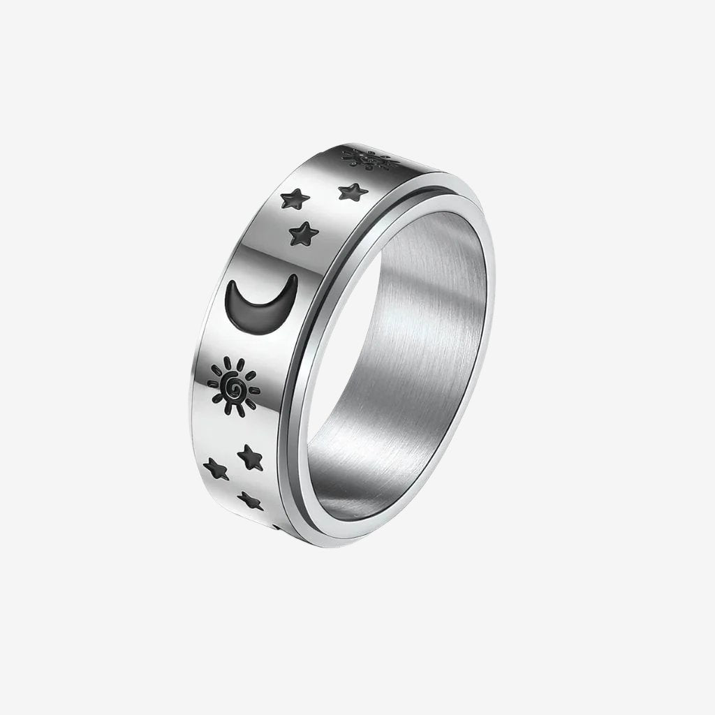 Sun, moon and stars band spinning ring on white background