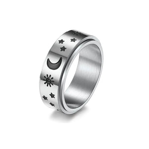 Sun, moon and stars band spinning ring on white background