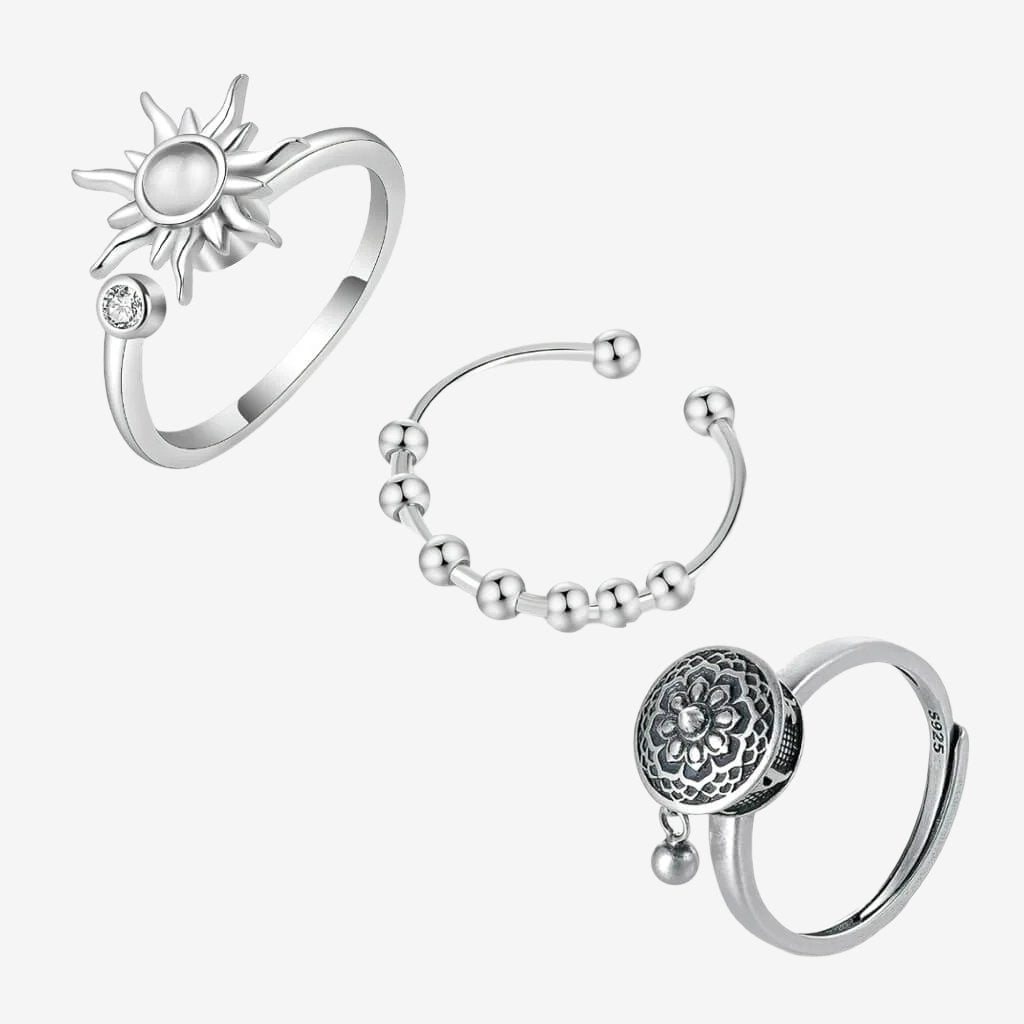 Tranquil trio bundle sterling silver adjustable spinny rings white background